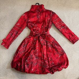 Samuel Dong Bubble Rain Coat Red Musical Note with Pockets, Tie Waist, Size 4